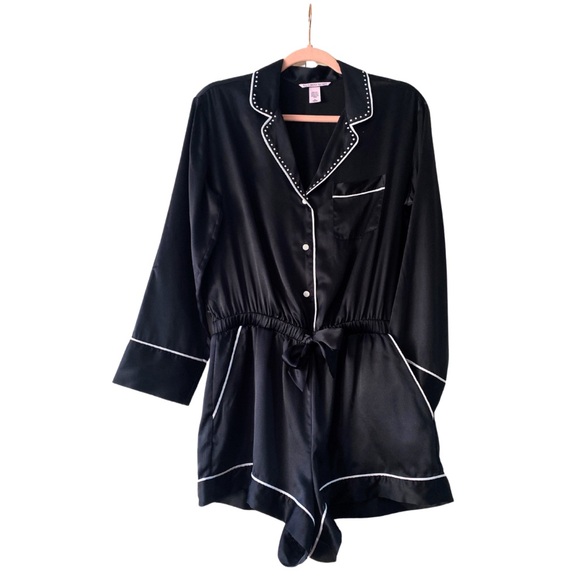 Victorias Secret Satin Sleep Romper Black Long Sleeve Bling Trim Size Small Glam - Picture 8 of 9